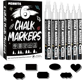 Kreidestifte für Fenster, 6 Stück Kreidestifte für Tafel Abwaschbar, Weiß Fensterstifte mit 25pcs Kreidetafel Labels, Kreidemarker Weiss für Glas & Gewürzgläser (1mm, 3mm, 6mm, 10mm)
