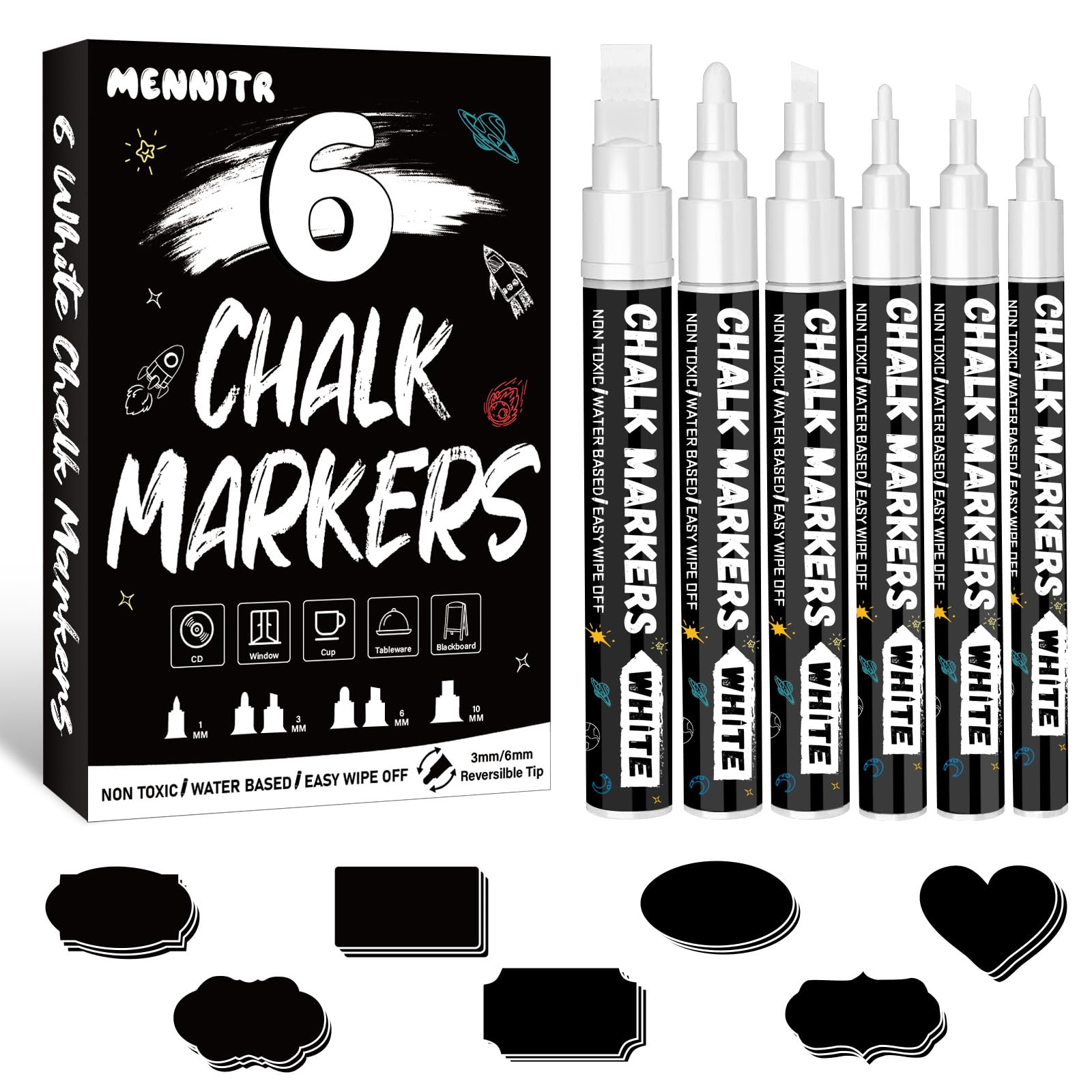 Mennitr Kreidestifte für Fenster, 6 Stück Kreidestifte für Tafel Abwaschbar, Weiß Fensterstifte mit 25pcs Kreidetafel Labels, Kreidemarker Weiss für Glas & Gewürzgläser (1mm, 3mm, 6mm, 10mm)