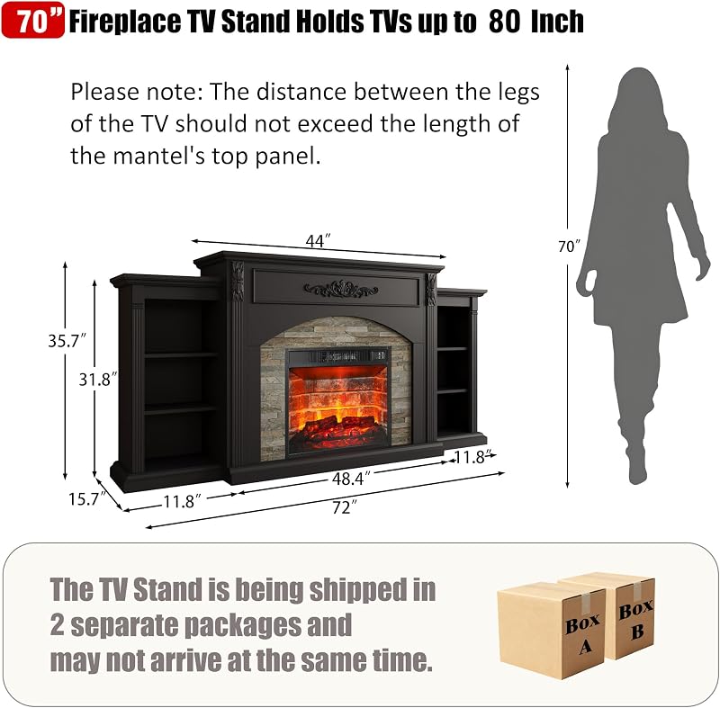 72" Electric Fireplace TV Stand for TVs up to 80"（Black） image 2