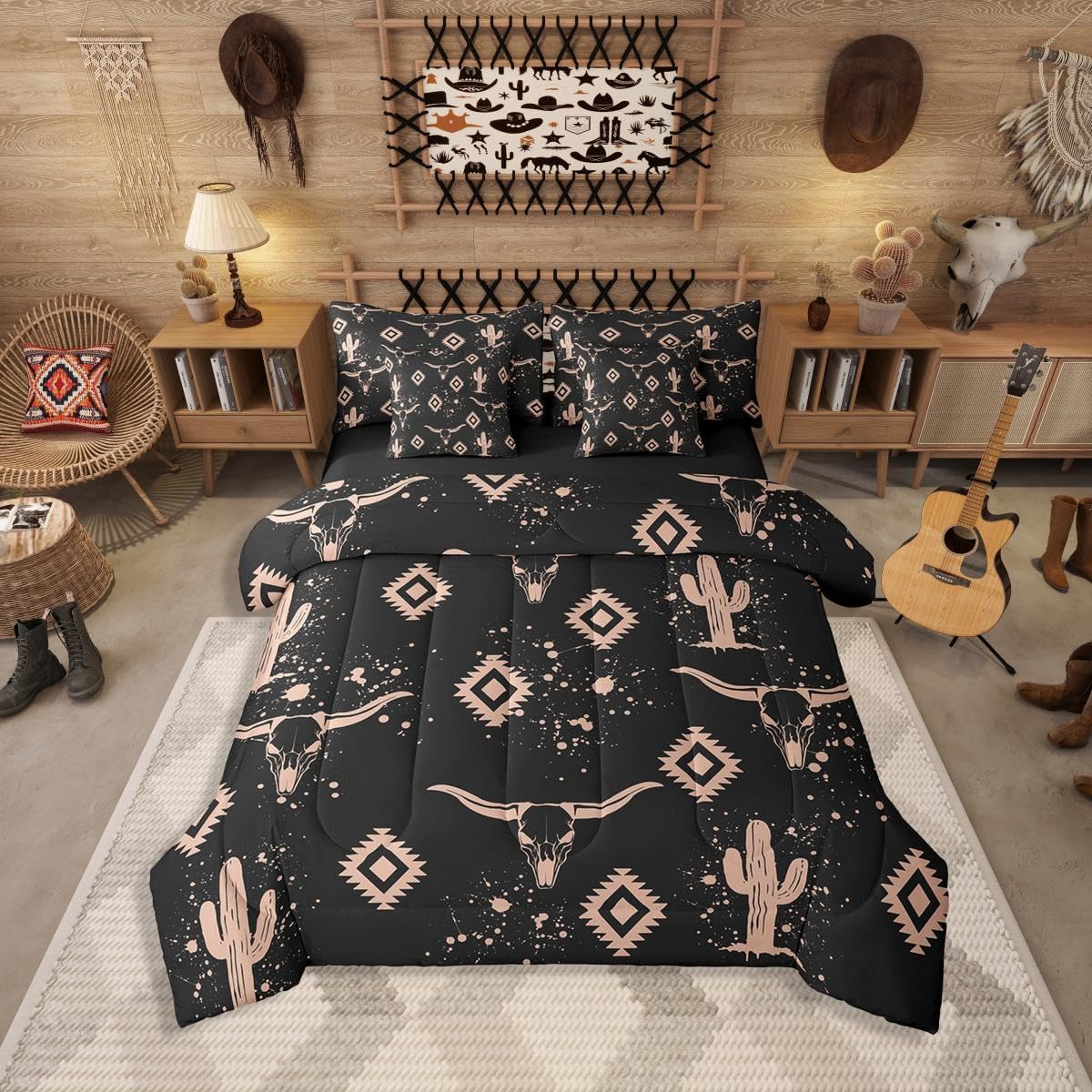 Erosebridal Aztec Comforter Set Queen Size,Rustic Bull Skull Bedding Set for Kids Teens,Southwestern Cowboy (Comforter+Fitted+Flat Sheet+2 Pillowcases+2 Throw Pillow Covers) 7 Pieces Bed Set