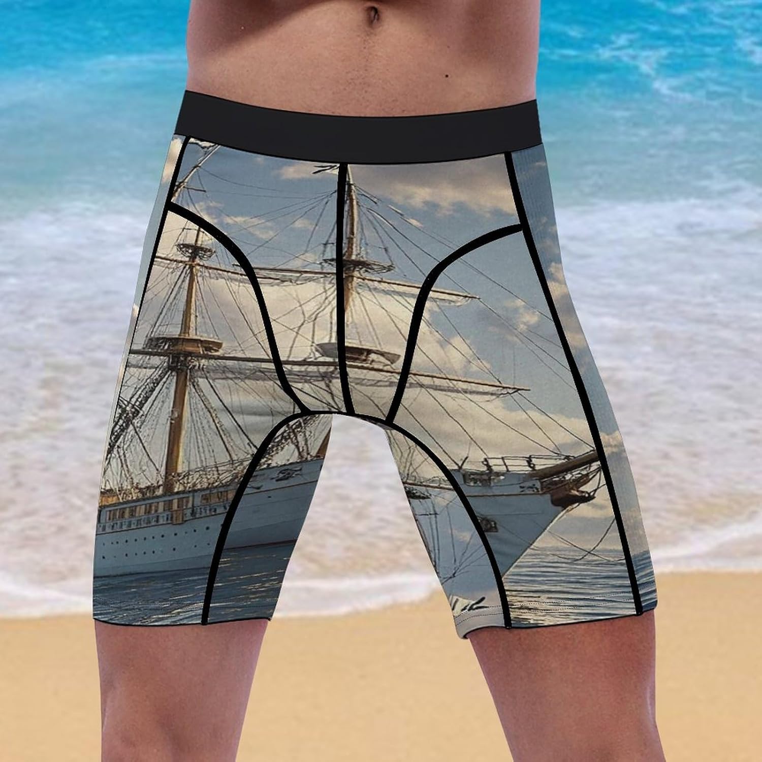 Vintage Nautical White Ship Compression Shorts Men Spandex Sport Shorts Workout Performance Baselayer Underwear