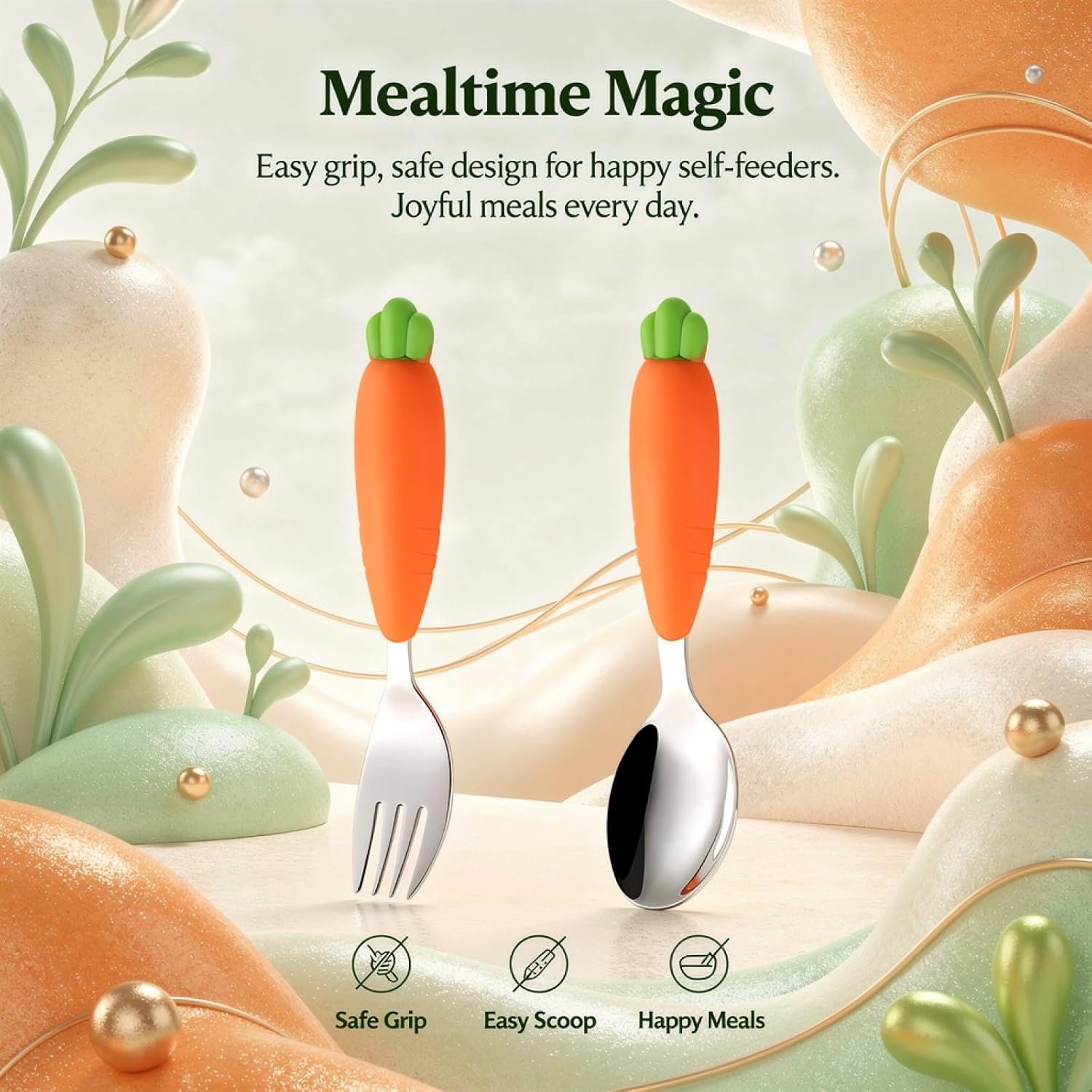 2 Pcs Little One Fork and Spoon Set, 304 Stainless Steel Utensils with Food-Safe Silicone Carrot Handle, Designed for Self-Feeding Training