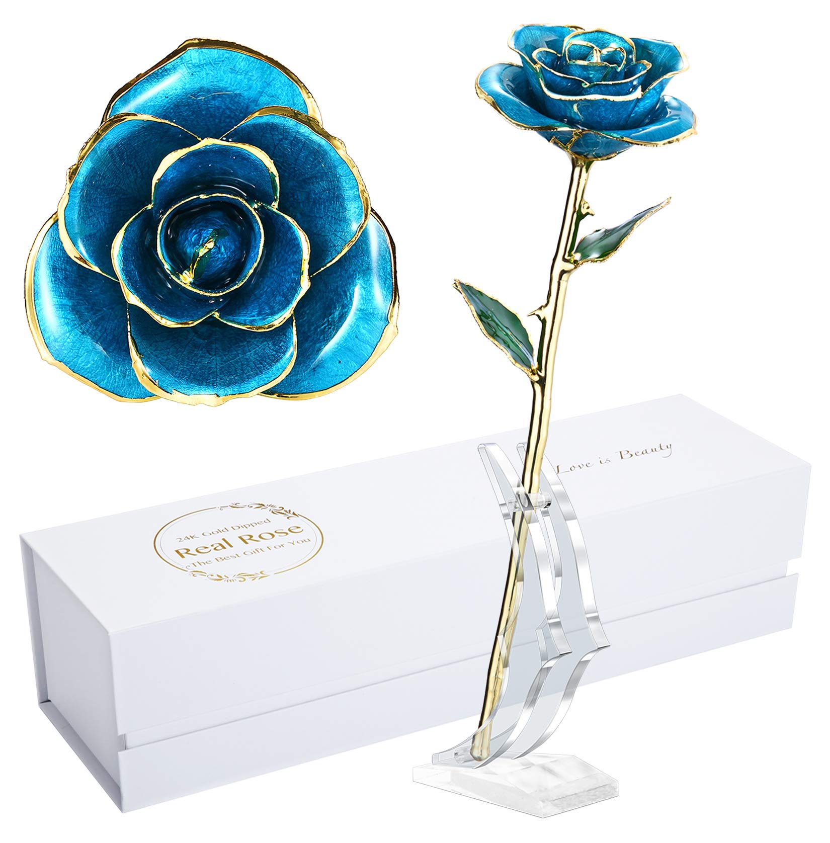 Romantic Rose Gift for her,Eternity Gold Rose Flower 24k Gold Dipped Rose and Romantic Gift for her Rose,SkyBlue with Stand