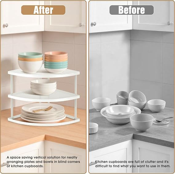 ROFAY 3-Tier Metal Corner Shelf Plate Organizer for Kitchen Counter & Cabinet, Corner Rack for Plates, Dishes, Pantry, and Bathroom Storage, White