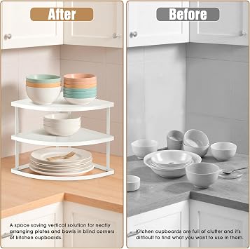 ROFAY 3-Tier Metal Corner Shelf Plate Organizer for Kitchen Counter & Cabinet, Corner Rack for Plates, Dishes, Pantry, and Bathroom Storage, White