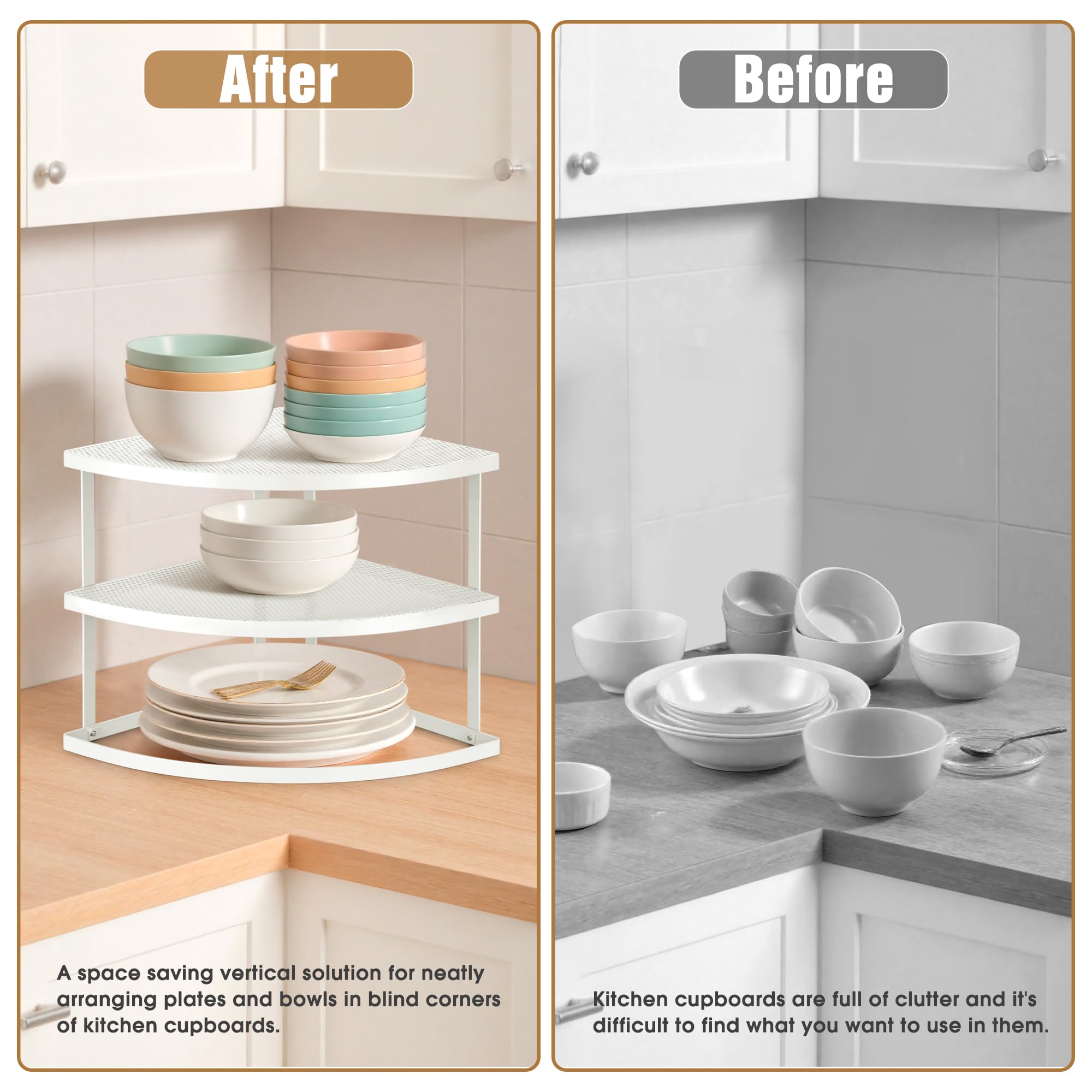 ROFAY 3 Tier Metal Corner Dish Organizer for Kitchen Counter and Cabinet, Corner Shelf for Dishes, Plates, Pantry and Bathroom Storage, White — view 4