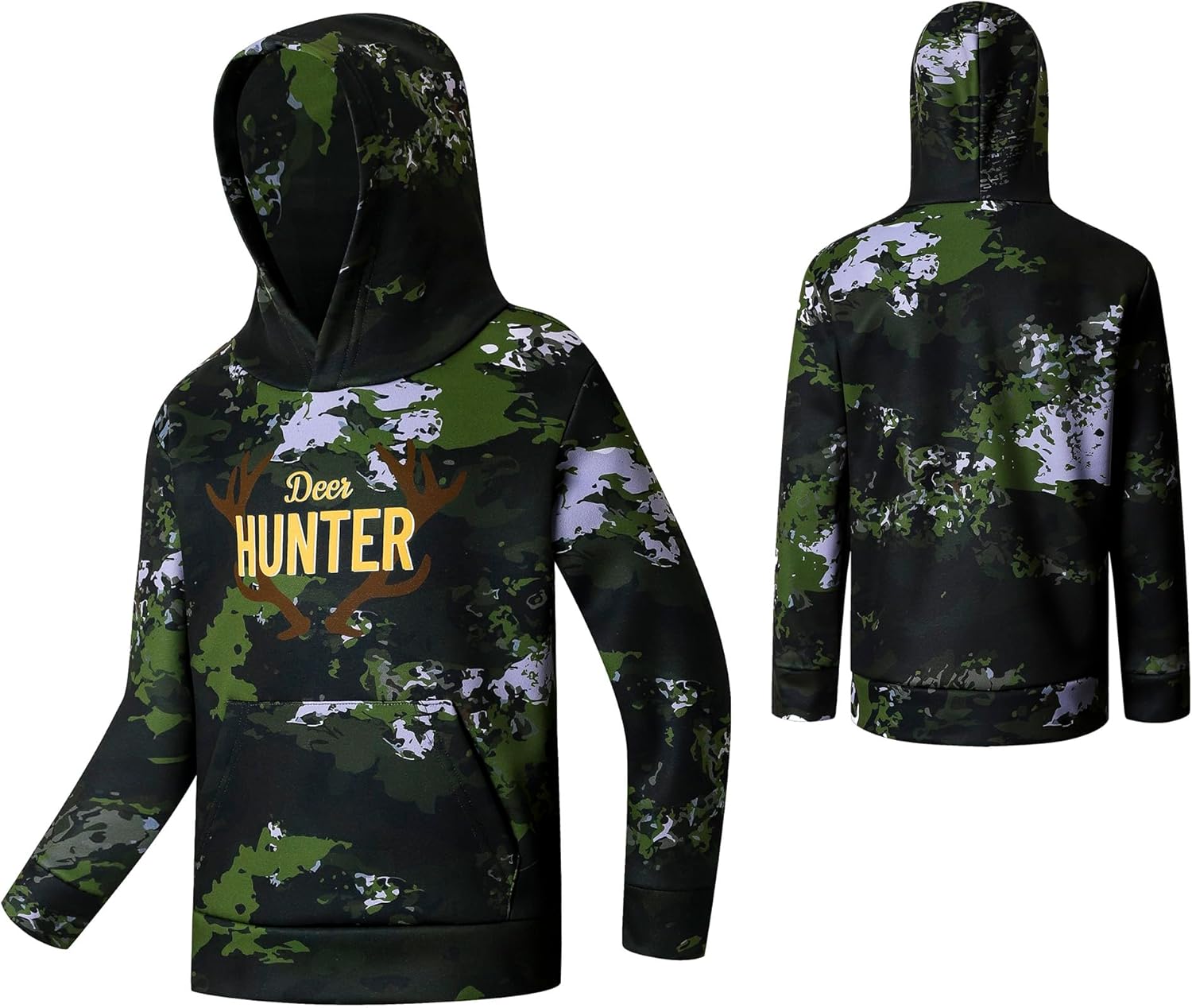 キッズ 迷彩パーカー スウェットシャツ ユニ - 暖かいフリース プルオーバー カンガルーポケット付き アウトドア ハンティング 釣