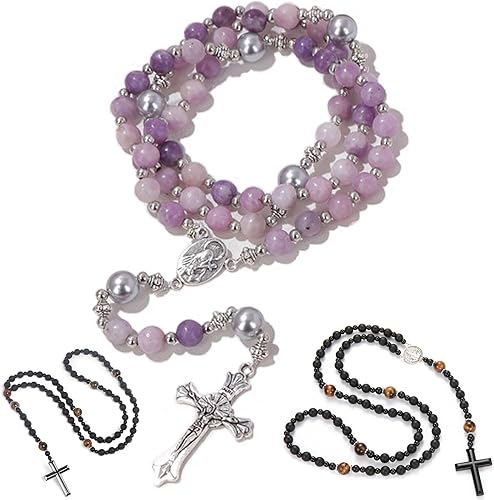 Vista 19 de Tiger Eye Cross Necklace for Men, Obsidian Necklace, Hematite Cross Pendant Lava Rock Rosary Healing Crystal Necklaces