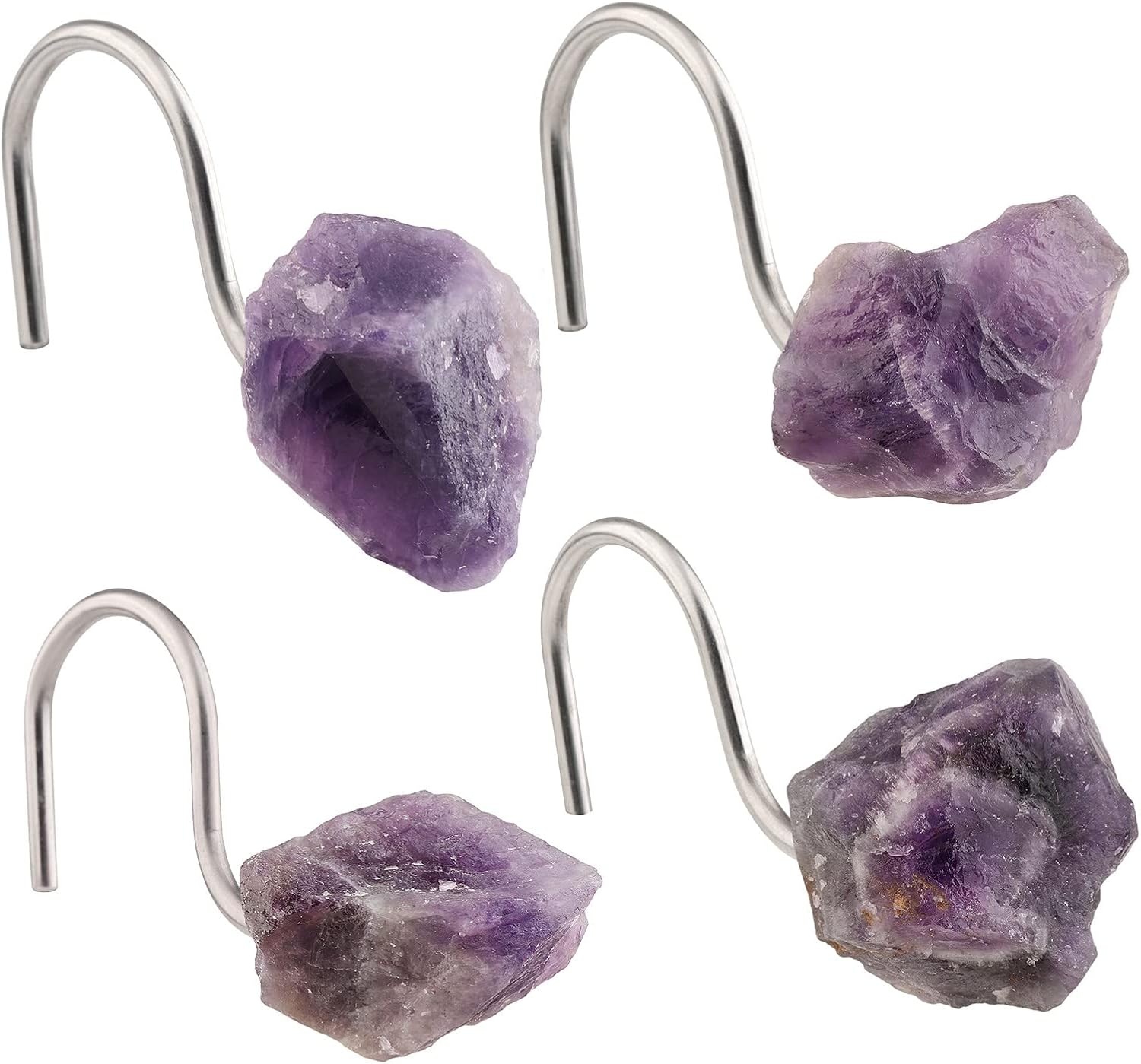 mookaitedecor Set of 4 Natural Amethyst Crystal Shower Curtain Hooks, Decorative Raw Crystals Stainless Steel Curtain Rings for Bathroom Home Decor
