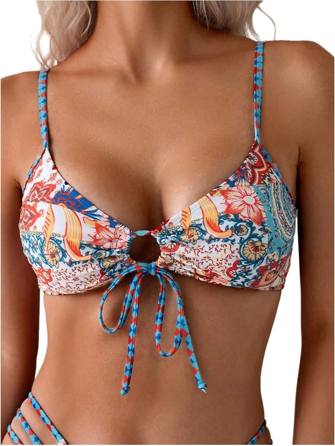 SweatyRocks Women's Micro Triangle Bikini Top Floral Print Tie Front Swimsuit Bathing Suit Tops