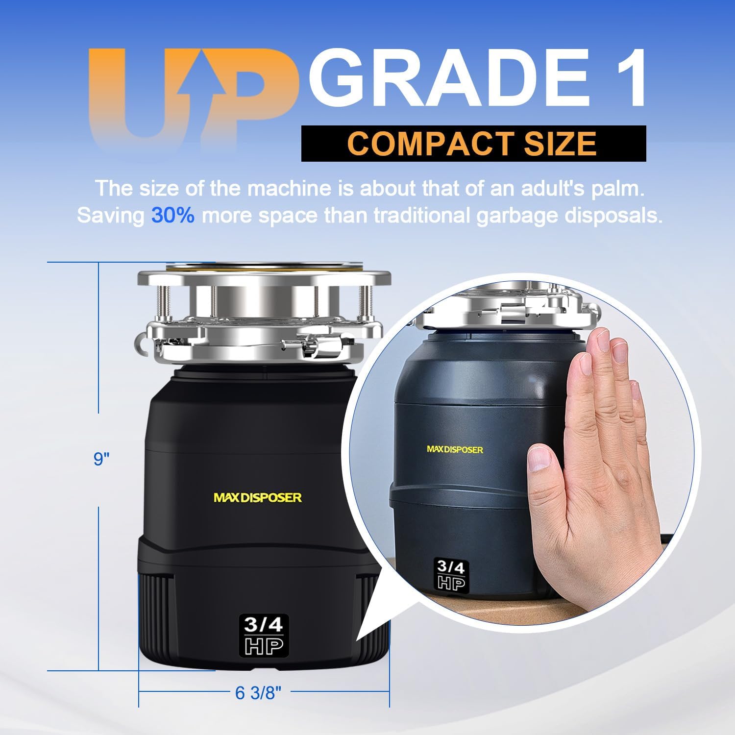 Small Garbage Disposal 3/4 HP for Kitchen sink Quiet with Power Cord, Continuous Feed Food Waste Disposer Stainless Steel Grind 0.75 Horsepower, Easy to install