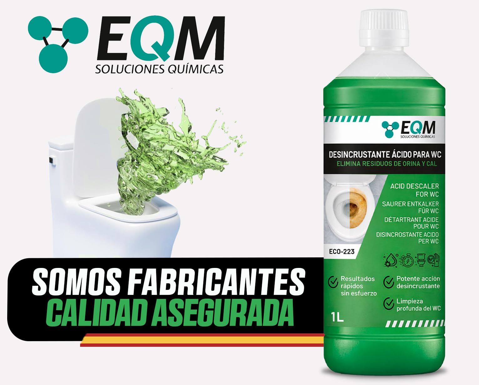 EQM Desincrustante Ácido para WC 1L - Limpia Sarro, Cal y Óxido - Eliminador Extra Fuerte de Incrustaciones - Sanitarios e Inodoros - Alta Potencia