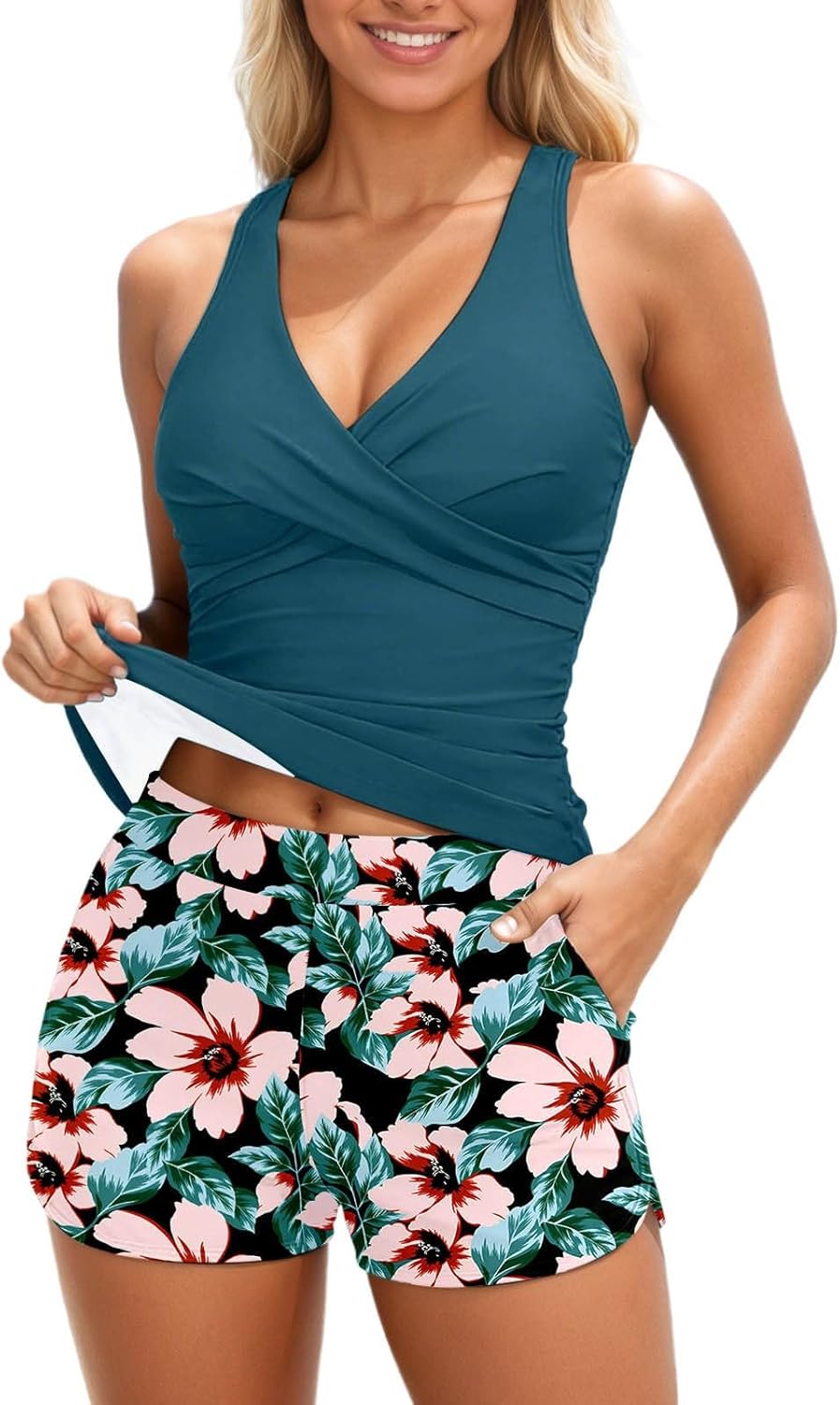 Tankini Swimsuits for Women with Shorts Twist Front Hawaiian Bathing Suit Crisscross Adjustable Strap Summer Beach Swimwear