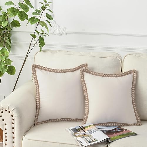 LIGICKY Paquete de 2 fundas de almohada decorativas de arpillera con bordes a medida, fundas de almohada cuadradas para sofá, cama, sala de estar,