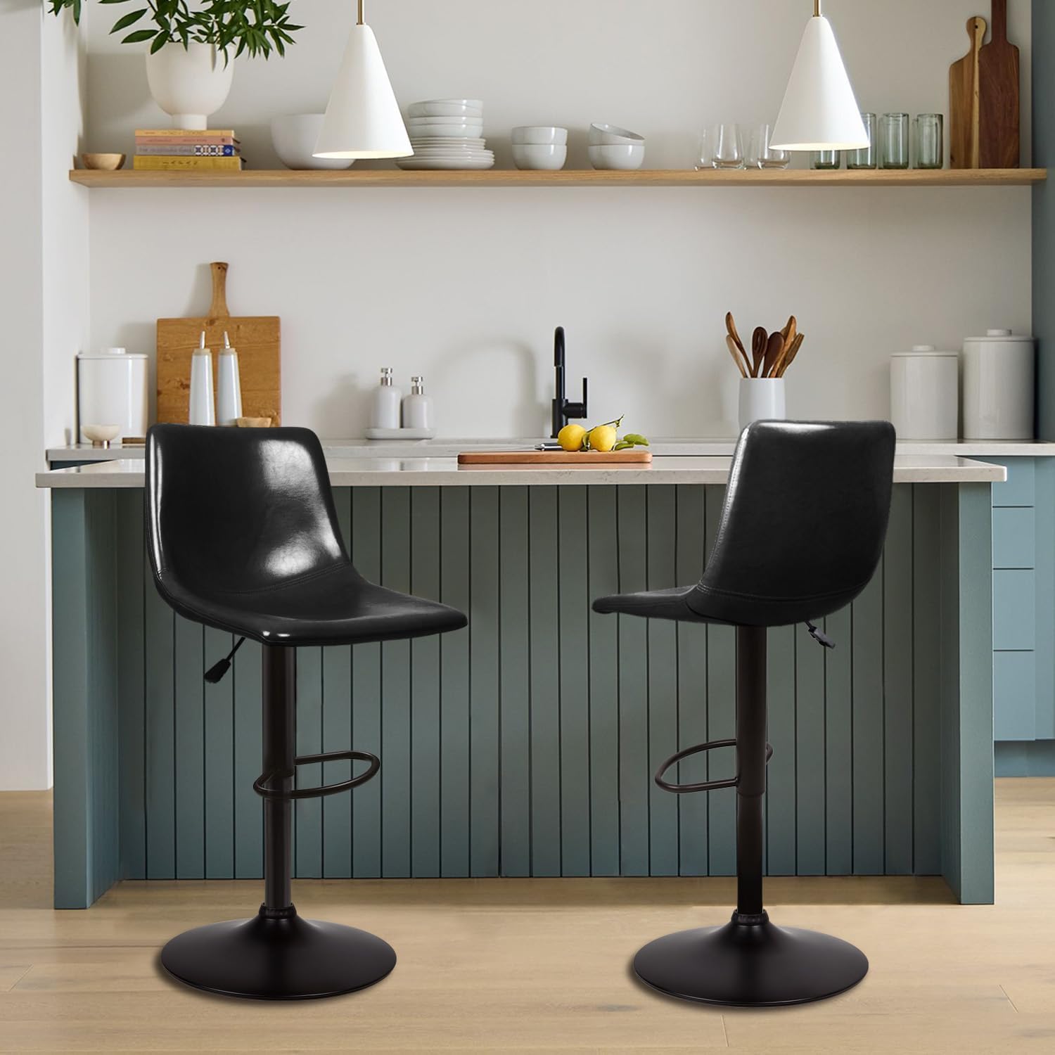 PRETZI Adjustable Bar Stools Set of 2, Swivel Barstools with Back and Footrest for 350LBS, Kitchen Island Stool, Modern PU Leather Bar Chairs for Kitchen Counter (Black)