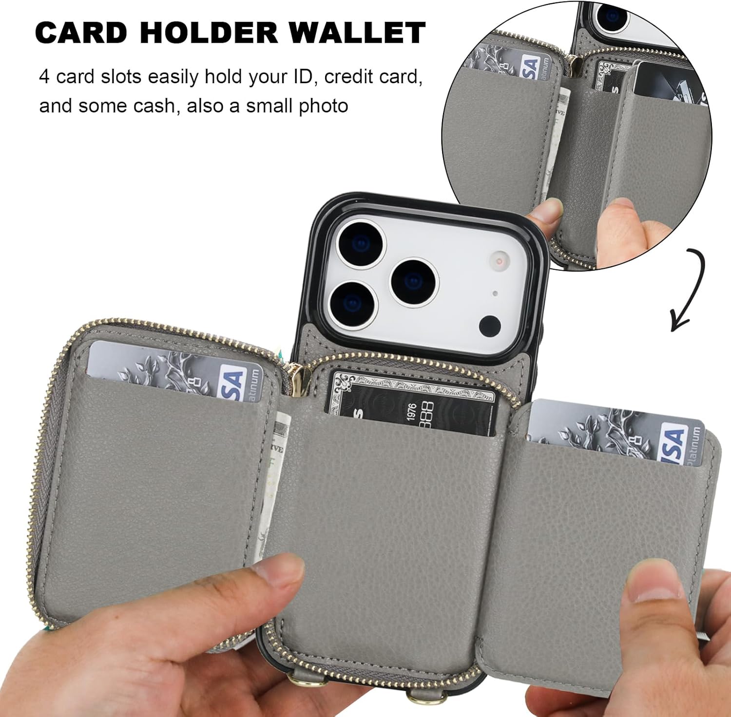 Bocasal Crossbody Wallet Case for iPhone 17 Pro, RFID Blocking PU Leather Zipper Handbag Purse Flip Cover, Kickstand Folio Case with Card Slots Holder Wrist Strap Lanyard 5G 6.3 Inch (Grey)