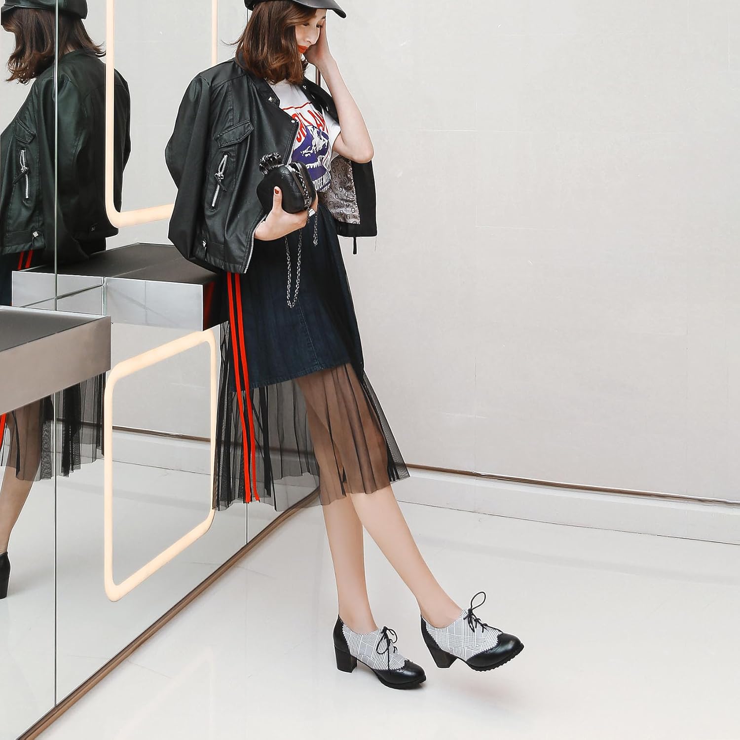 SHEMEE Women's Retro Wingtip Block Heel Lace Up Oxfords Stacked Chunky High Heels Pumps Vintage Round Toe Brogues Dress Shoes - Image 7