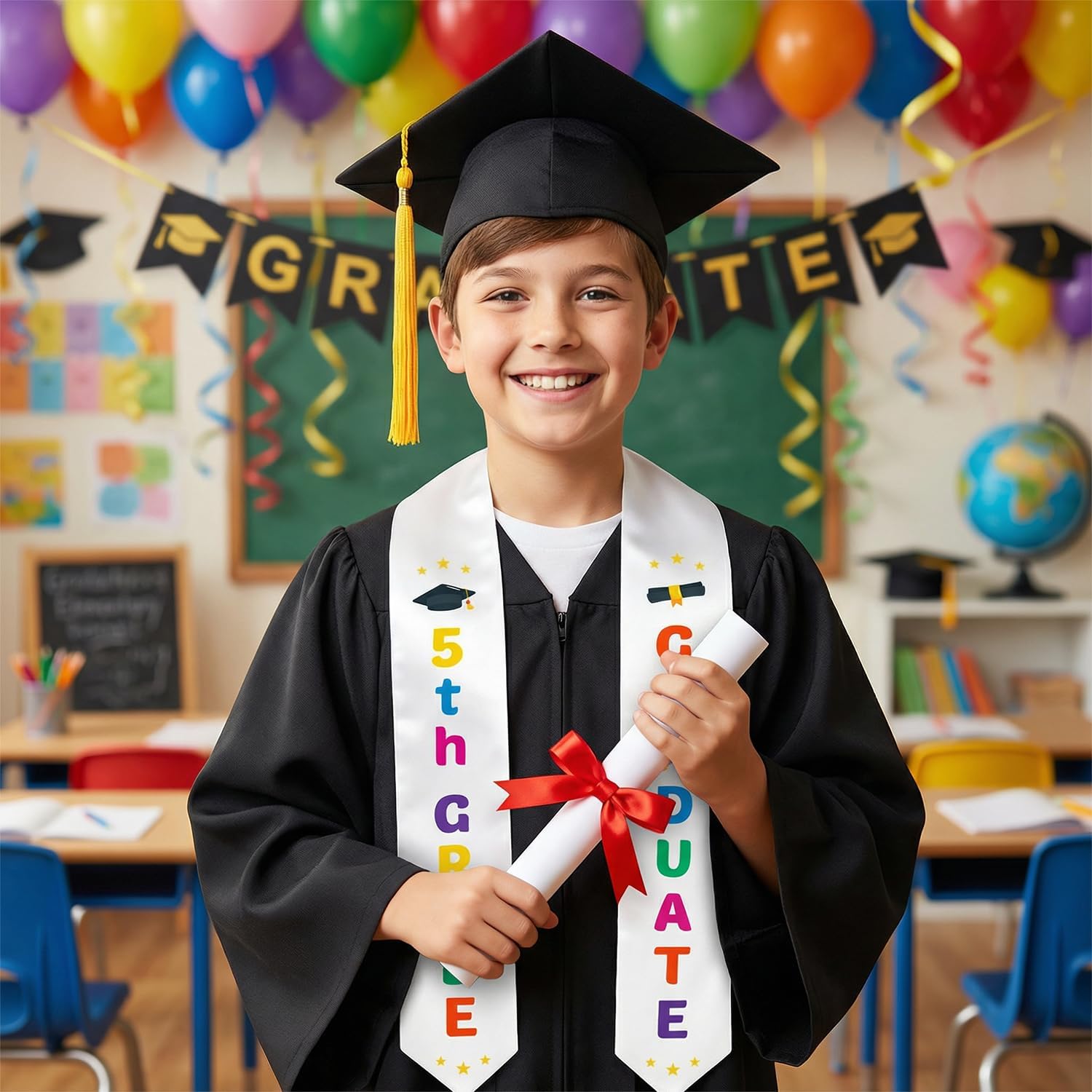 5th Grade Graduation, White Satin 5th Grade Graduation Sash Colorful Letters 6 x 59.8 In for Grade Graduation Decorations 2026, Class of 2026