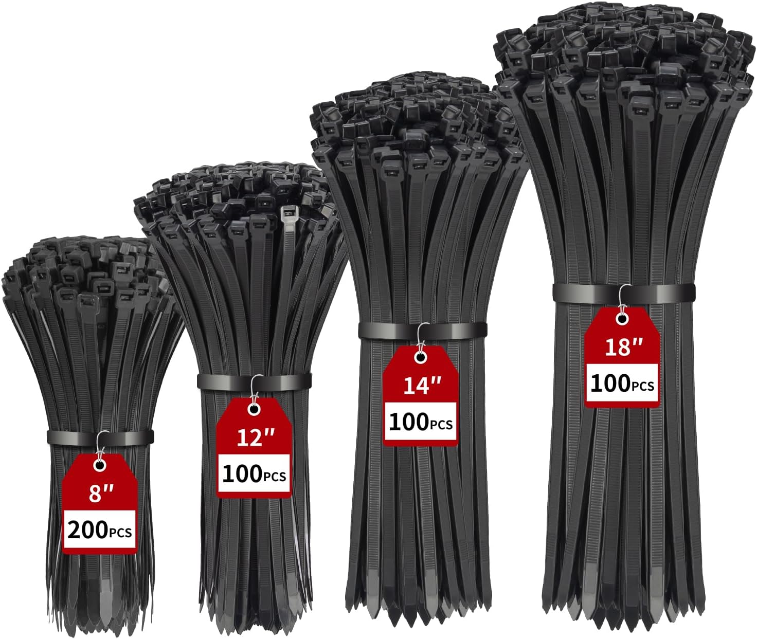 BethTie 500 Pack Black Zip Ties Heavy Duty Assorted Sizes, 8+12+14+18 Inch Cable Ties, 220lbs Ultra Strong Tensile Strength, Industrial Plastic Ties Wrap Assortment Cord Management for Outdoor Use