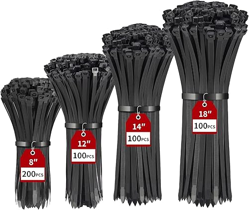 Miniatura 1 de Paquete de 500 bridas negras resistentes de varios tamaños, bridas para cables de 8+12+14+18 pulgadas, resistencia a la tracción ultra fuerte de 220