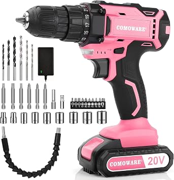 COMOWARE Pink Power Drill, 20V Pink Cordless Drill, Pink Drill Set for Women, 1 Battery & Charger, 3/8" Keyless Chuck, 2 Variable Speed, 0-350 & 0-1300 RPM, 25+1 Position and 34pcs Drill/Driver Bits