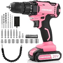 COMOWARE Pink Power Drill, 20V Pink Cordless Drill, Pink Drill Set for Women, 1 Battery & Charger, 3/8" Keyless Chuck, 2 Variable Speed, 0-350 & 0-1300 RPM, 25+1 Position and 34pcs Drill/Driver Bits