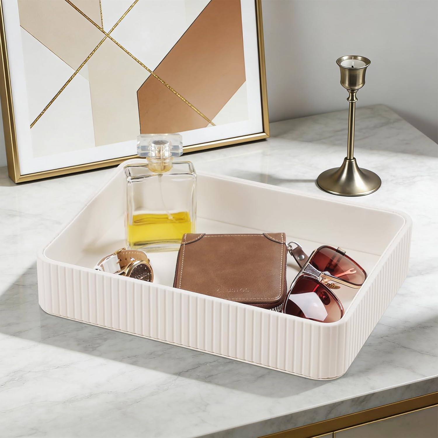 Desk Organizer Tray, PU Leather Nightstand Organizer Perfume Valet Tray for Men Women, Decorative Vanity Trays Trinket Dish Key Bowl for Entryway Table (2pcs, Ivory, Large+Small)