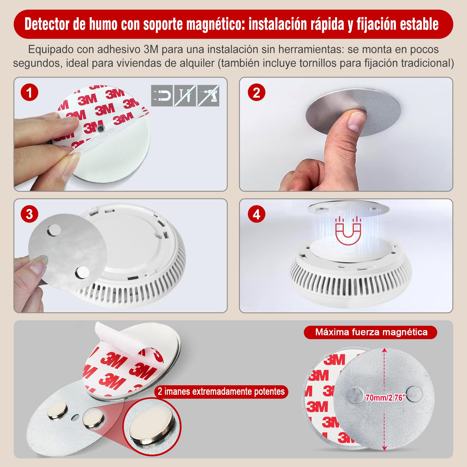 DAYTECH Detector de Humo con Pila de 10 Años - Instalación Fácil Alarma Antiincendios con Soporte Magnético Sin Taladros, Ideal para Hogar, Apartamento y Alquiler (Pack de 4, Blanco)