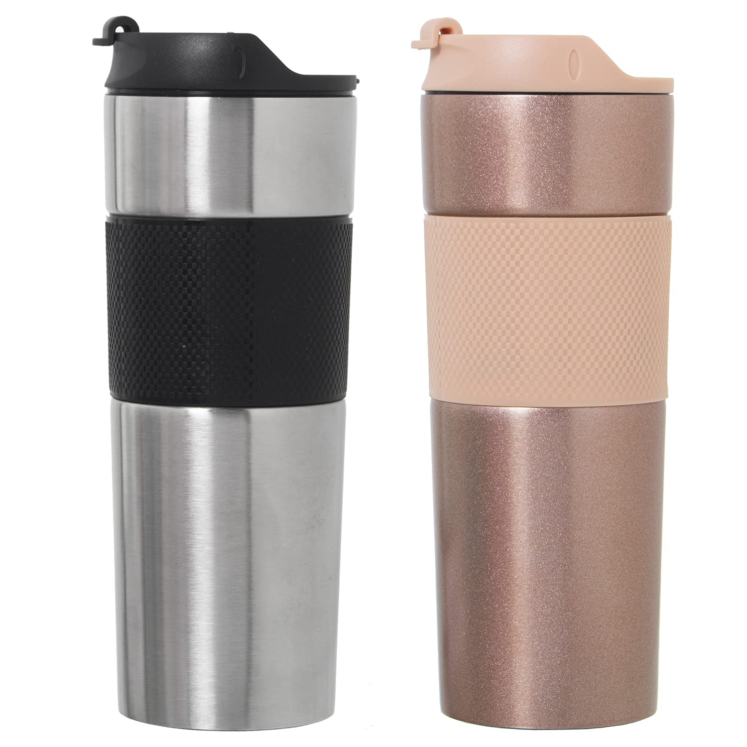 DRW Set de 6 Cafetière presse en acier inoxydable et silicone en noir, chrome et rose 8 x 22 cm