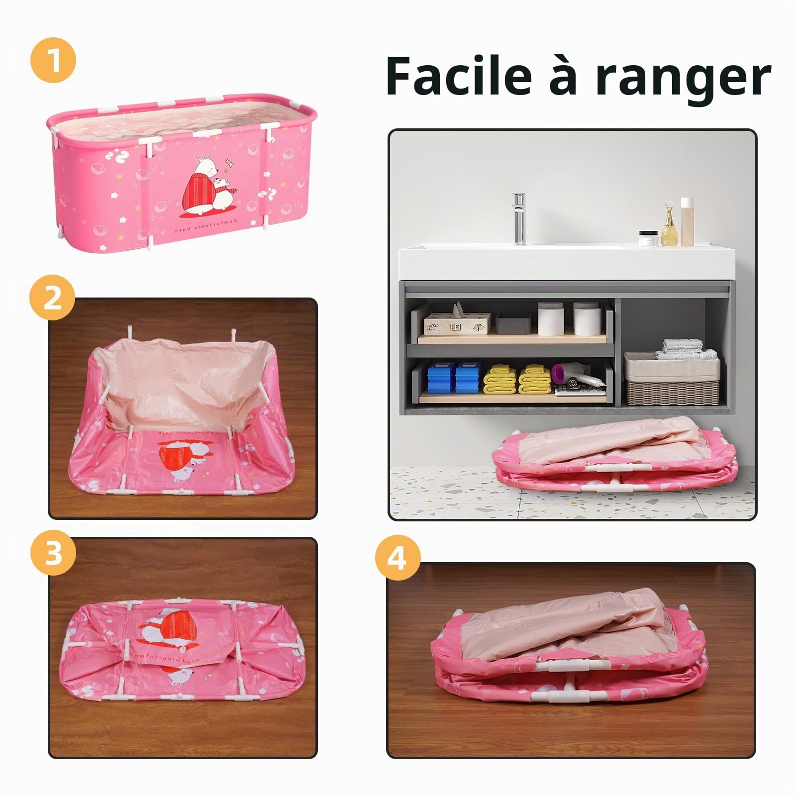 Baignoire pliable pour adultes, 115 x 60 cm, installation facile, bac pliable écologique, idéal pour la détente domestique et spa, baignoire adulte (rose)