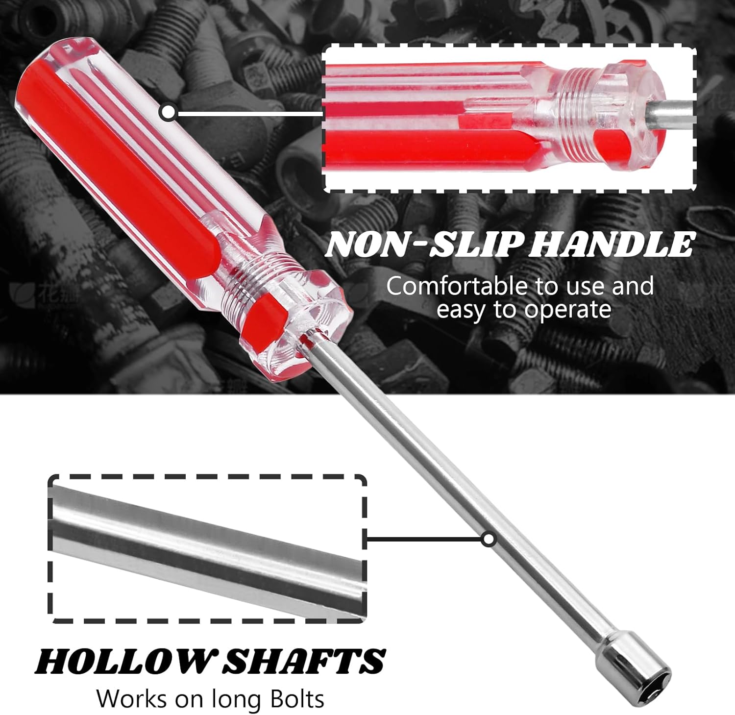 1/4 Inch Hex Nut Driver, Socket Wrench Screwdriver with 3.7-Inch Hollow Shaft, Cushion Grip Handle