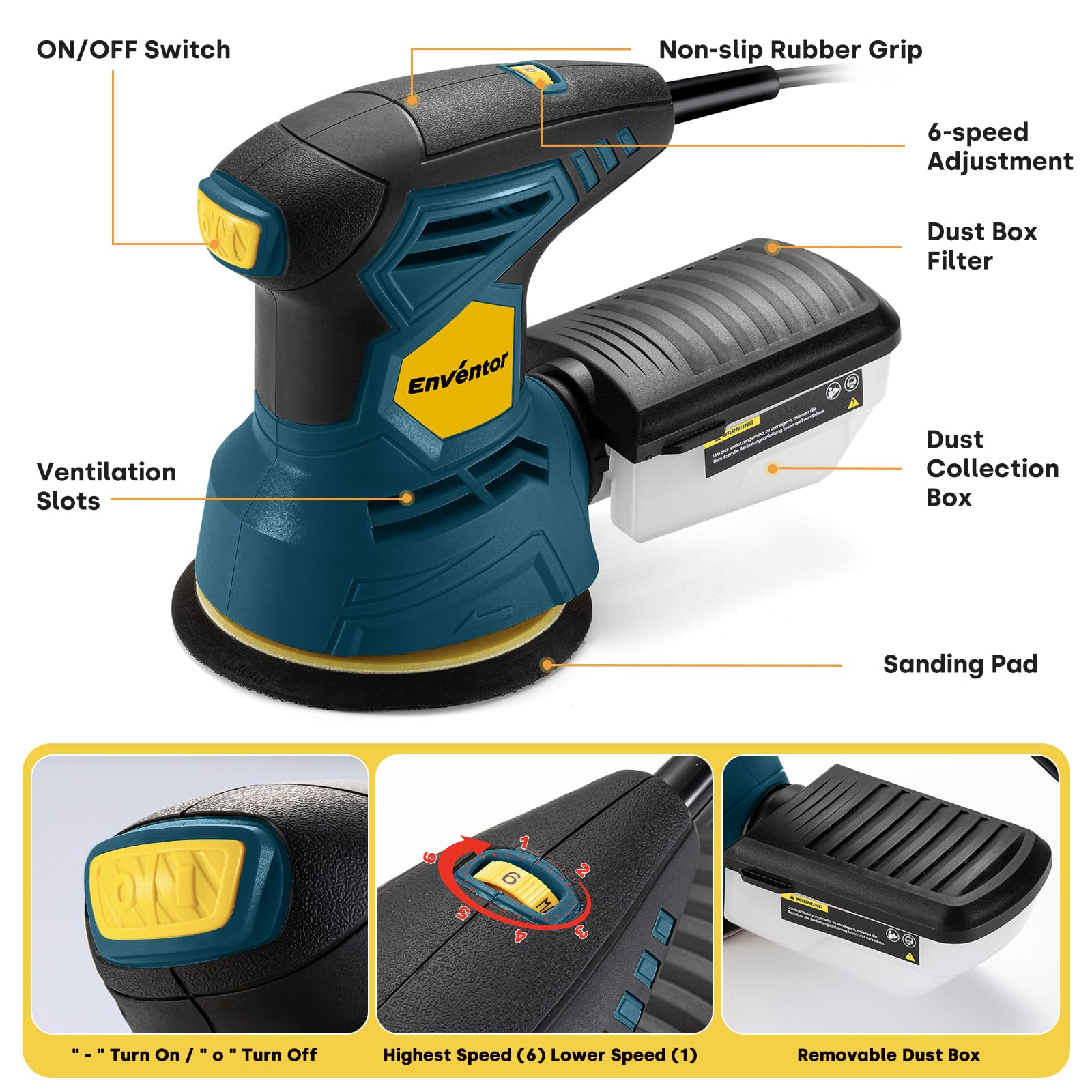 Enventor Orbital Sander - 6 Speeds & Dust Collection -4 Enventor Orbital Sander - 6 Speeds & Dust Collection -4