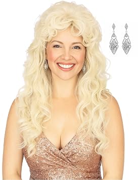 PUREHAIR Long Blonde Bombshell Wig for Women with Earrings Singer Inspired Costume with Curly Platinum Blond Hair Funny Beehive 80s Drag Queen Wig for Halloween Parties & Cosplay