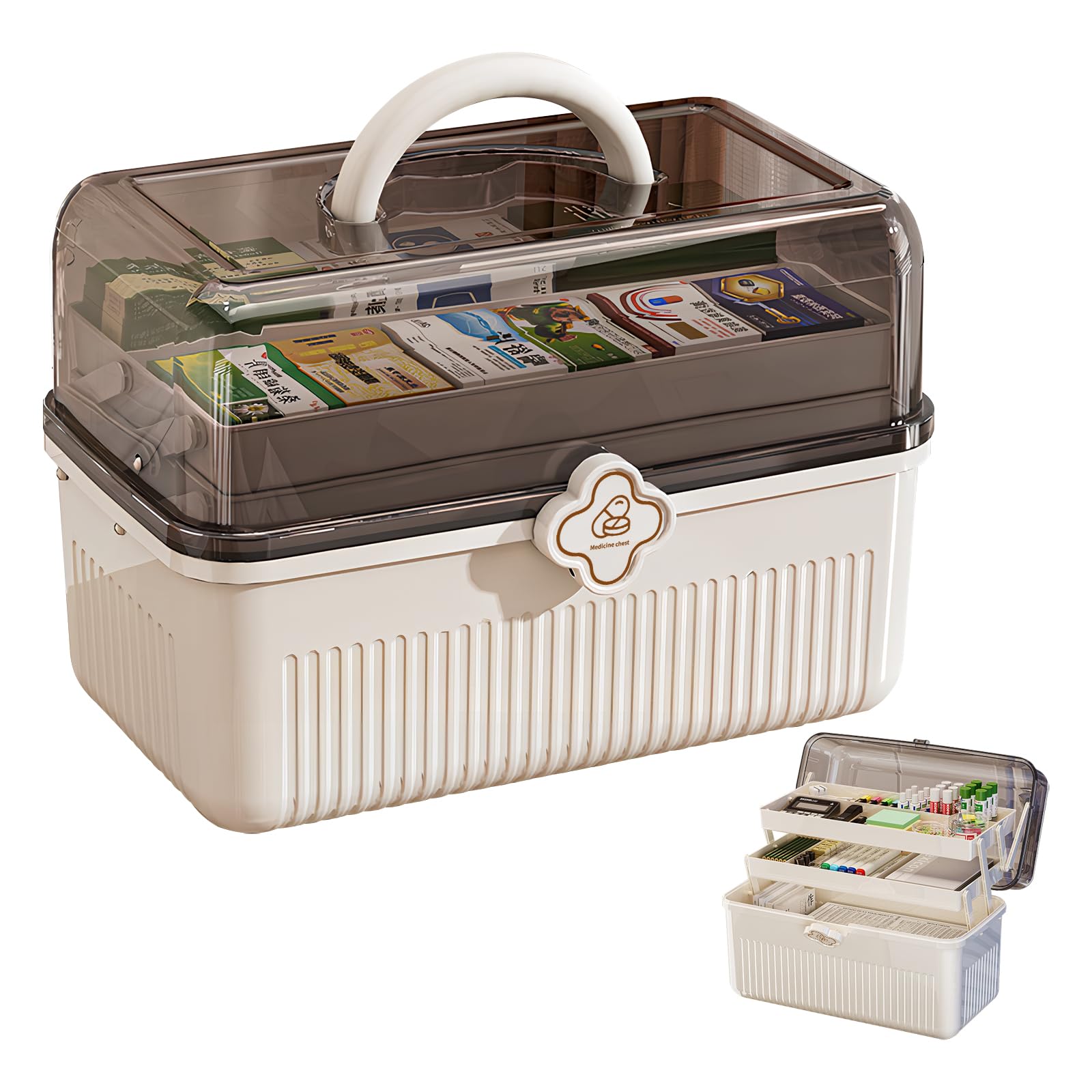 Medikamentenbox Groß – 3-Schicht Hausapotheke Box, Tragbare Medikamenten Aufbewahrung (29.5×20.5×19cm) Feuchtigkeitsgeschützt mit Tragegriff, Erste-Hilfe-Set Multifunktions-Organizer für Pillen