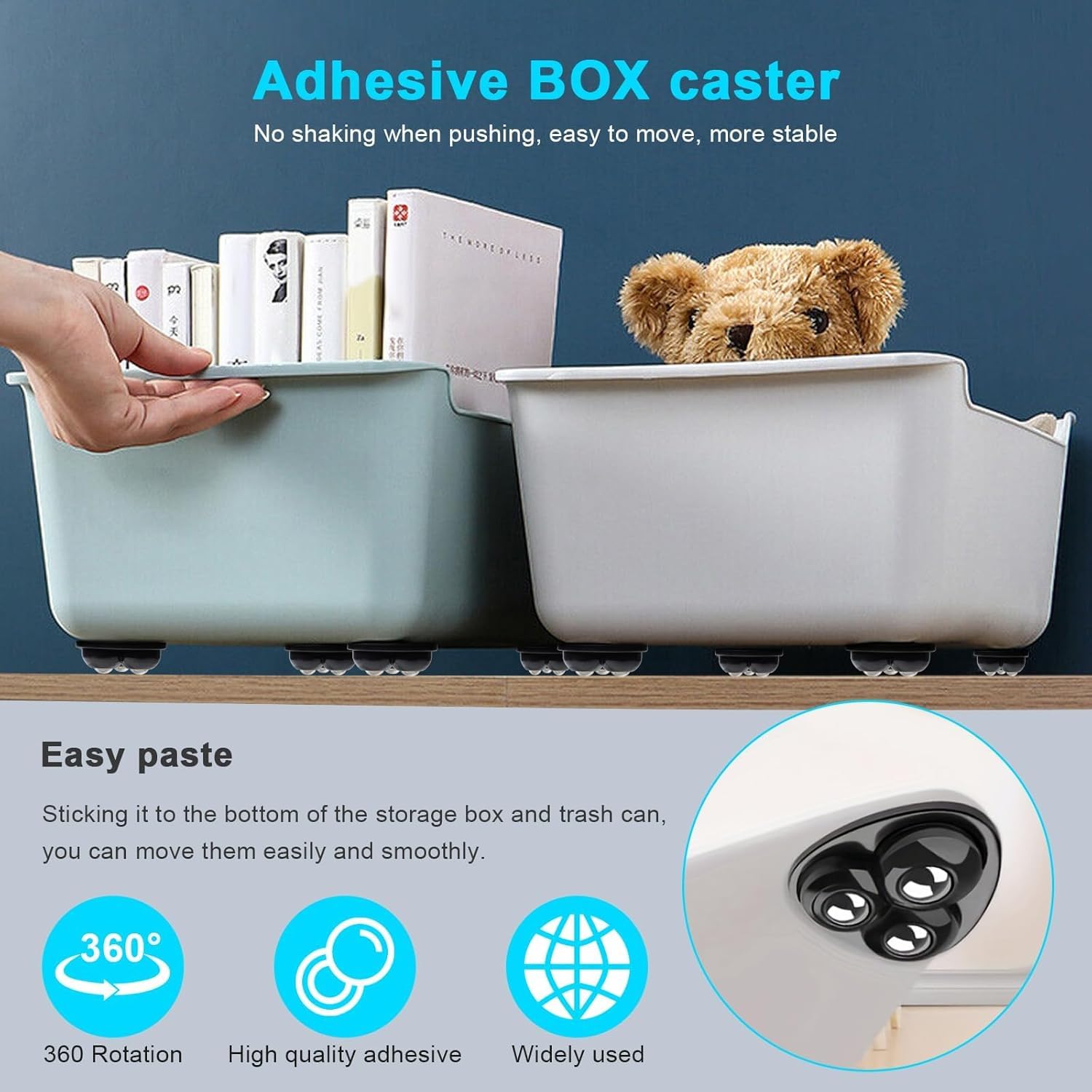 HhBdy Wheels for Kitchen Appliances 360 Swivel Mini Caster Wheels Mini Appliance Sticky Pulley for Diy,Trash Can,Storage Box with 3 Ball Bearings(16Pcs,Black steel balls) - Image 2