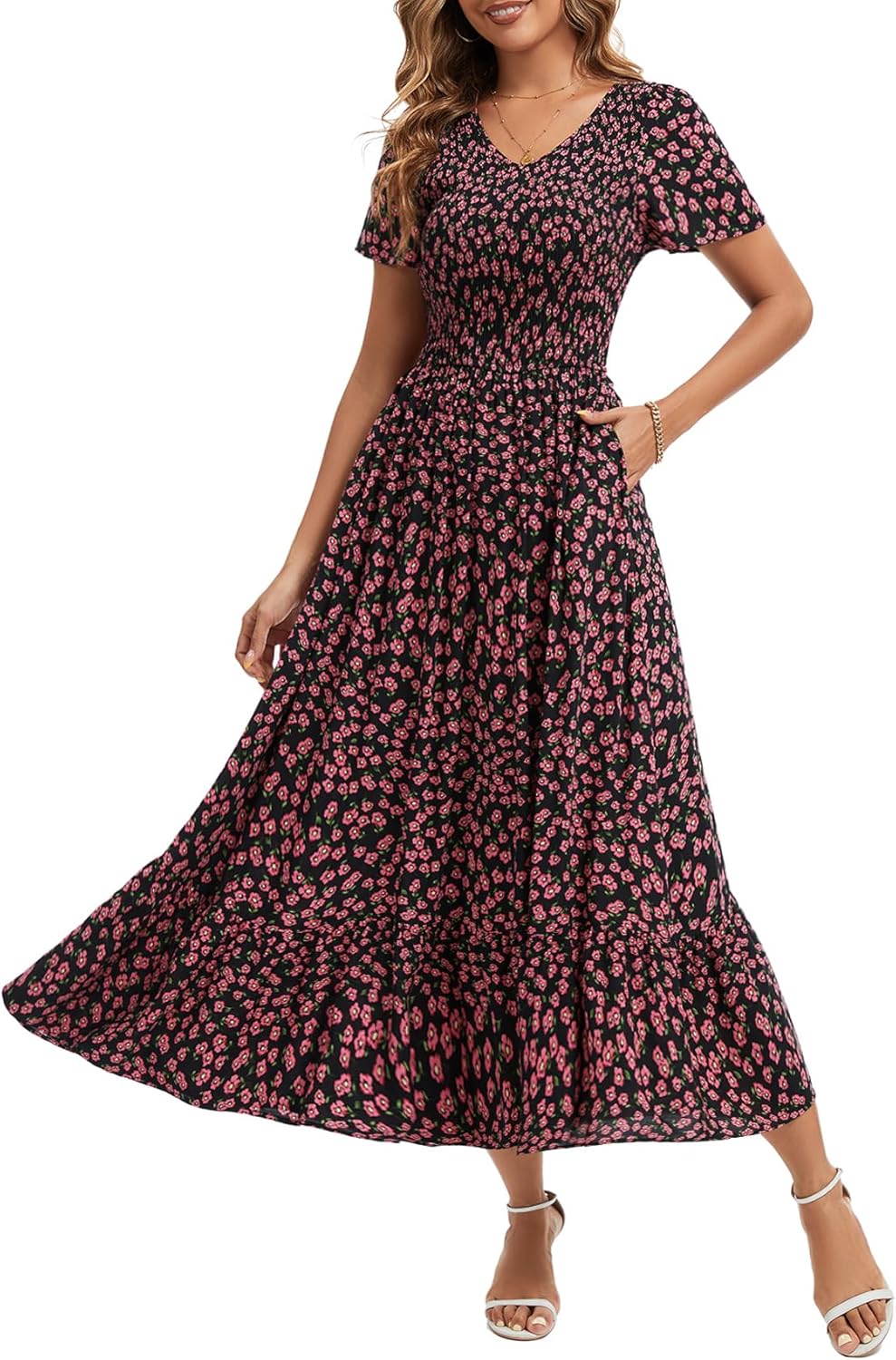 Vogebund Women's Summer V Neck Flowy Maxi Dress Casual Short Sleeve V Neck Smocked Beach Boho Dresses with Pockets