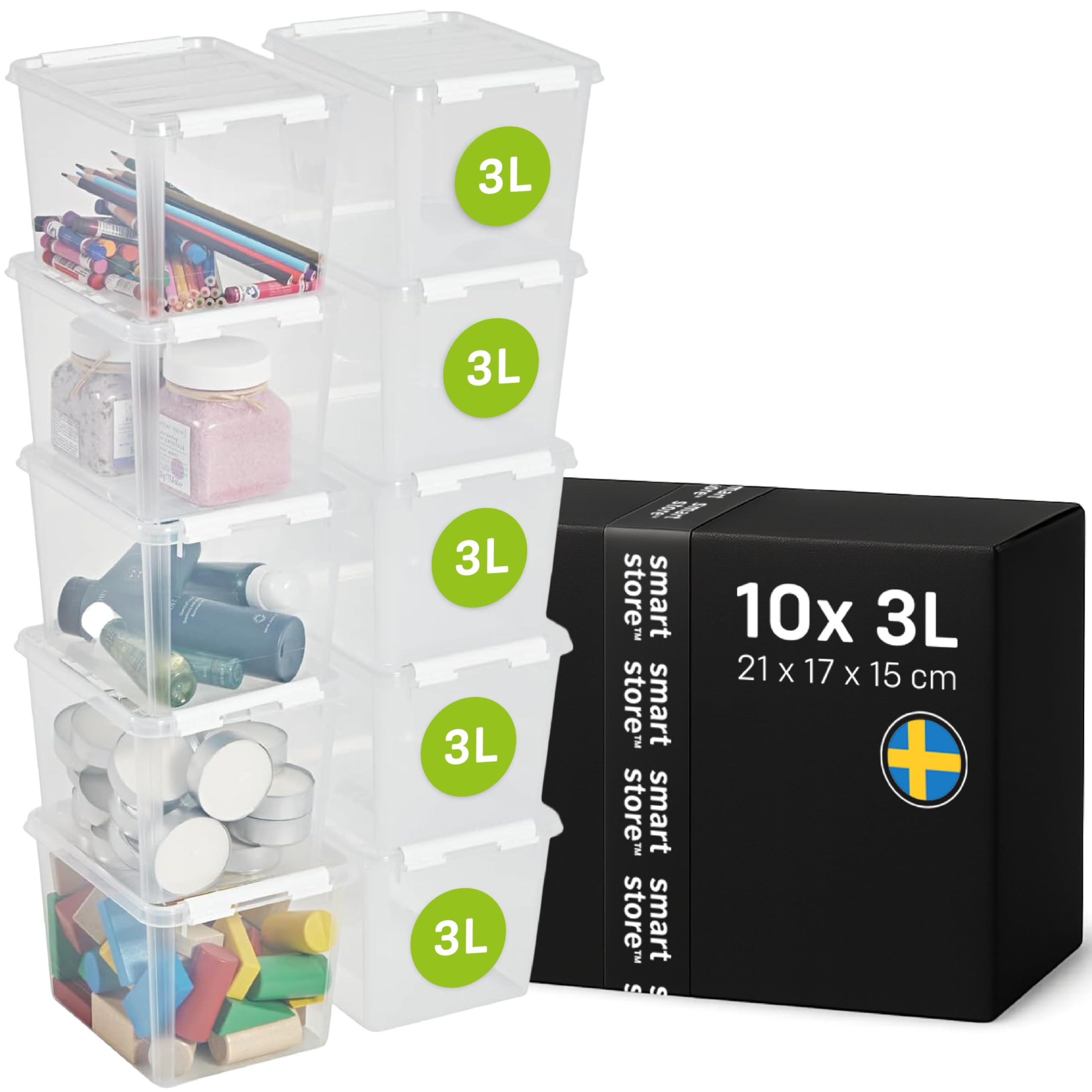 SmartStore - 10x Plastic Storage Box with Lid 3L (21x17x15cm) |Plastic Storage Drawers with Lid|Food-Safe Material|Kitchen & Organisation|BPA-Free|Durable Container for Home & Office|10-Year Warranty