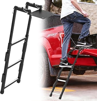 Pickup Truck Tailgate Ladder, Heavy-Duty Non-Slip with Step Grip Plates, Senior-Friendly for Easy Truck Bed Access, 34"-41" Height Adjustable, Stainless Steel Screws for Ford F150, Ram 1500, Silverado