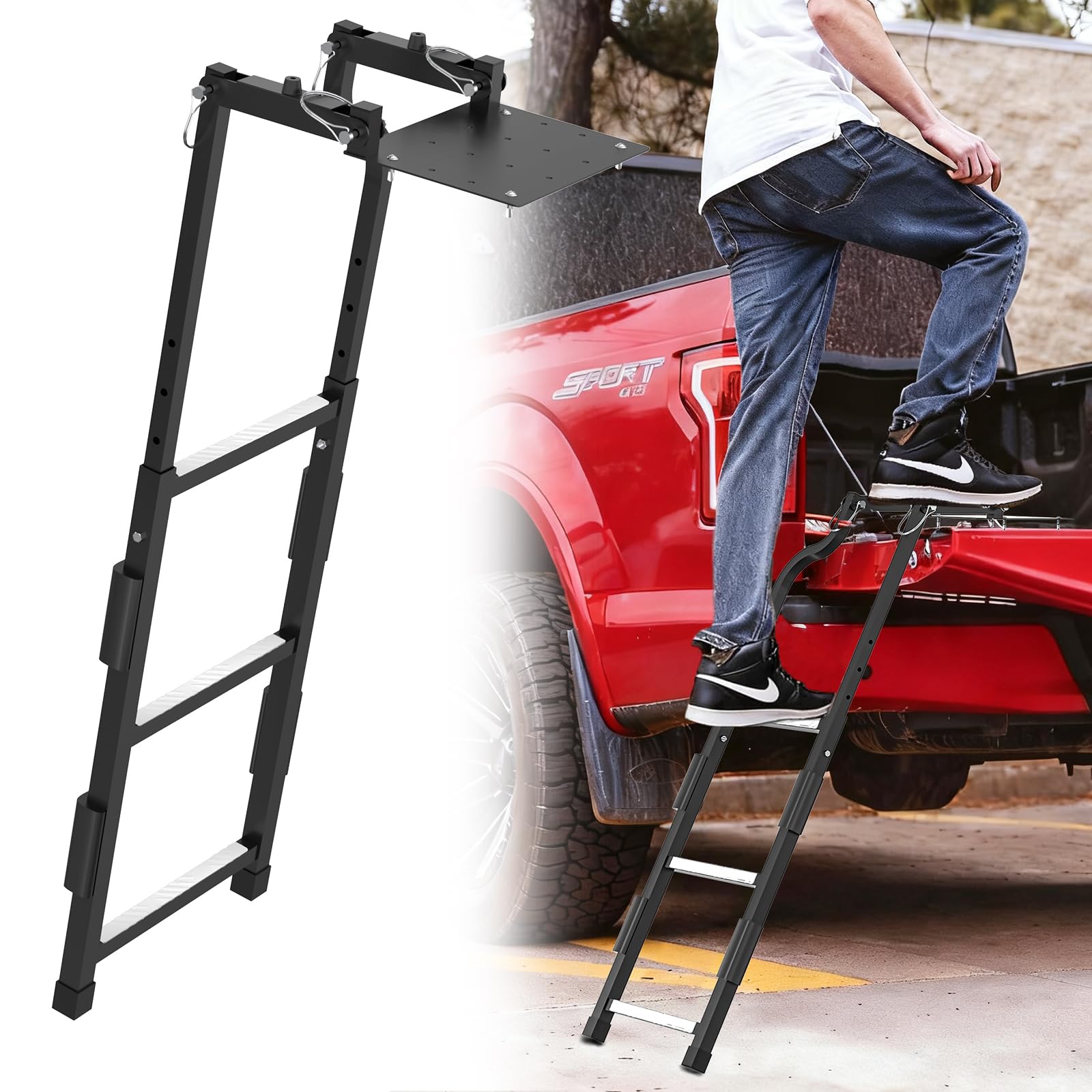 Scala universale per portellone del camion, facile da installare, con viti autoperforanti in acciaio inox, piastre in alluminio e piedini in gomma robusta, cinghie e cuscinetto paraurti