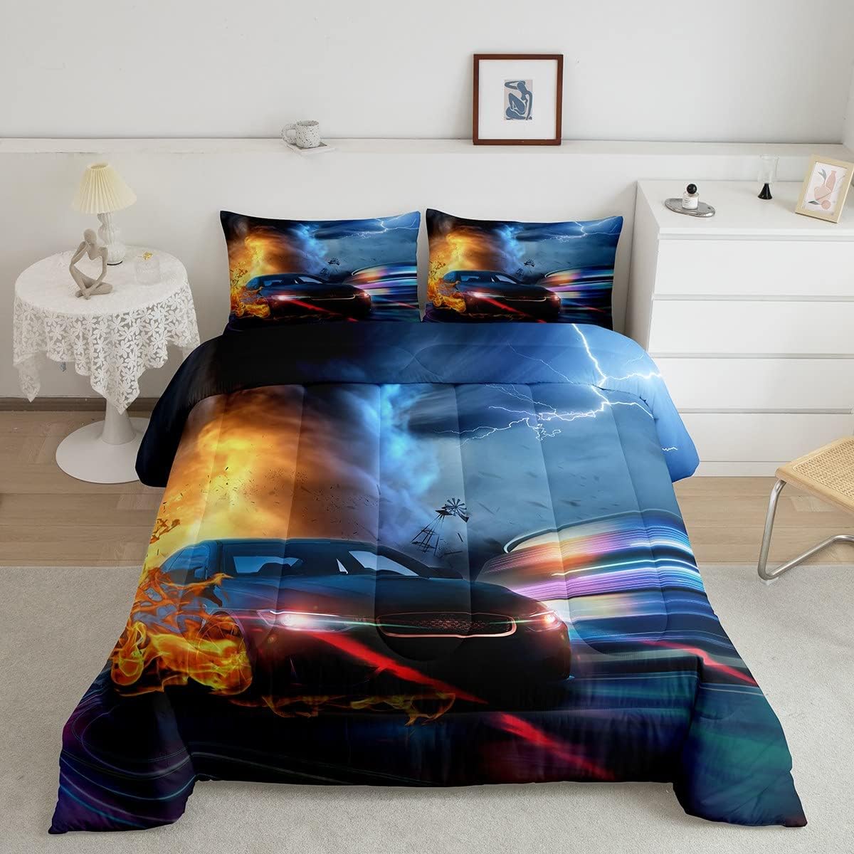 Erosebridal Race Car Comforter Twin,Golden Flame Racing Car
