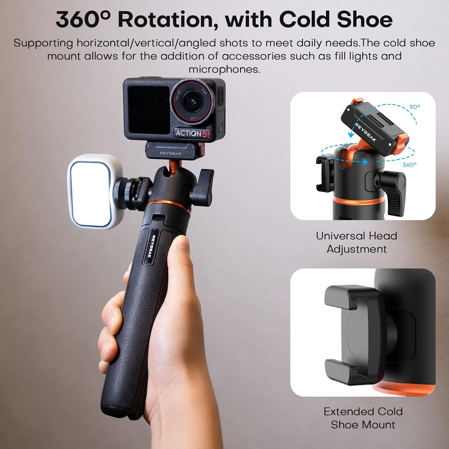 REYGEAK Magnetic Extension Tripod for DJI Osmo 360 Action 5 Pro/4/3,21’’ Adjustable Camera Stick Holder,with Cold Shoe,Quick Release Mount Adapter for DJI OSMO Action Accessories