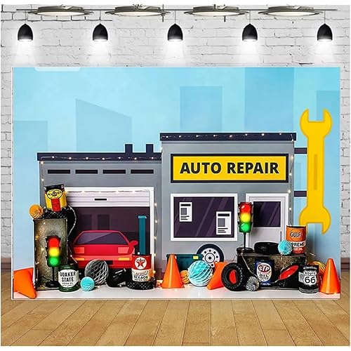 Auto Repair Shop Boys Birthday Party Photography Backdrop Automobile Mechanic Portrait Decor Backdrop Photo Studio Vinyl (7ft×5ft)