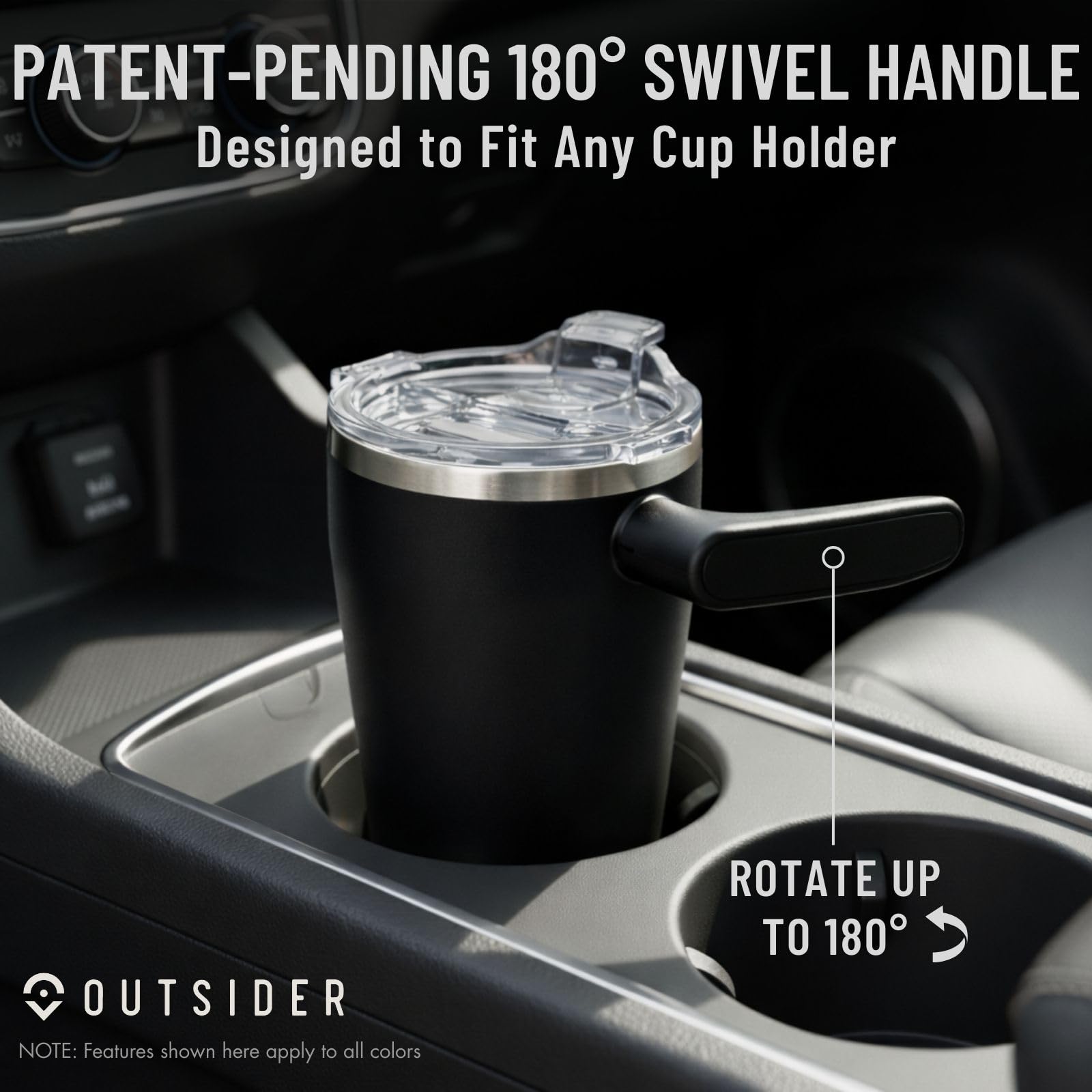 OUTSIDER The AM Vakuumisolierter Kaffeebecher aus Edelstahl mit 180° drehbarem Drehgriff und verschließbarem, auslaufsicherem Deckel, Reisebecher für Outdoor, Zuhause und Büro, Schwarz