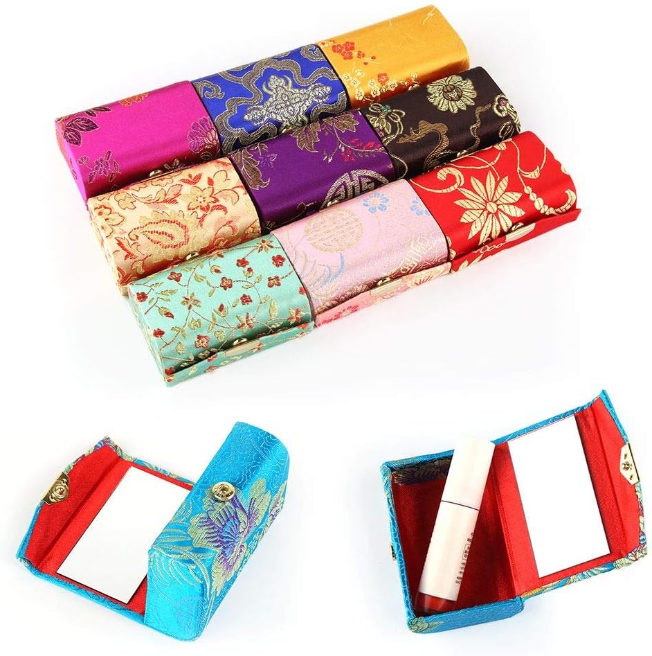 Lipstick Case,Portable Embroidered Lip Gloss Box Makeup Case With Mirror Jewelry Brocade Holder Accessories Lipstick Holder Lippy Jewelry Box