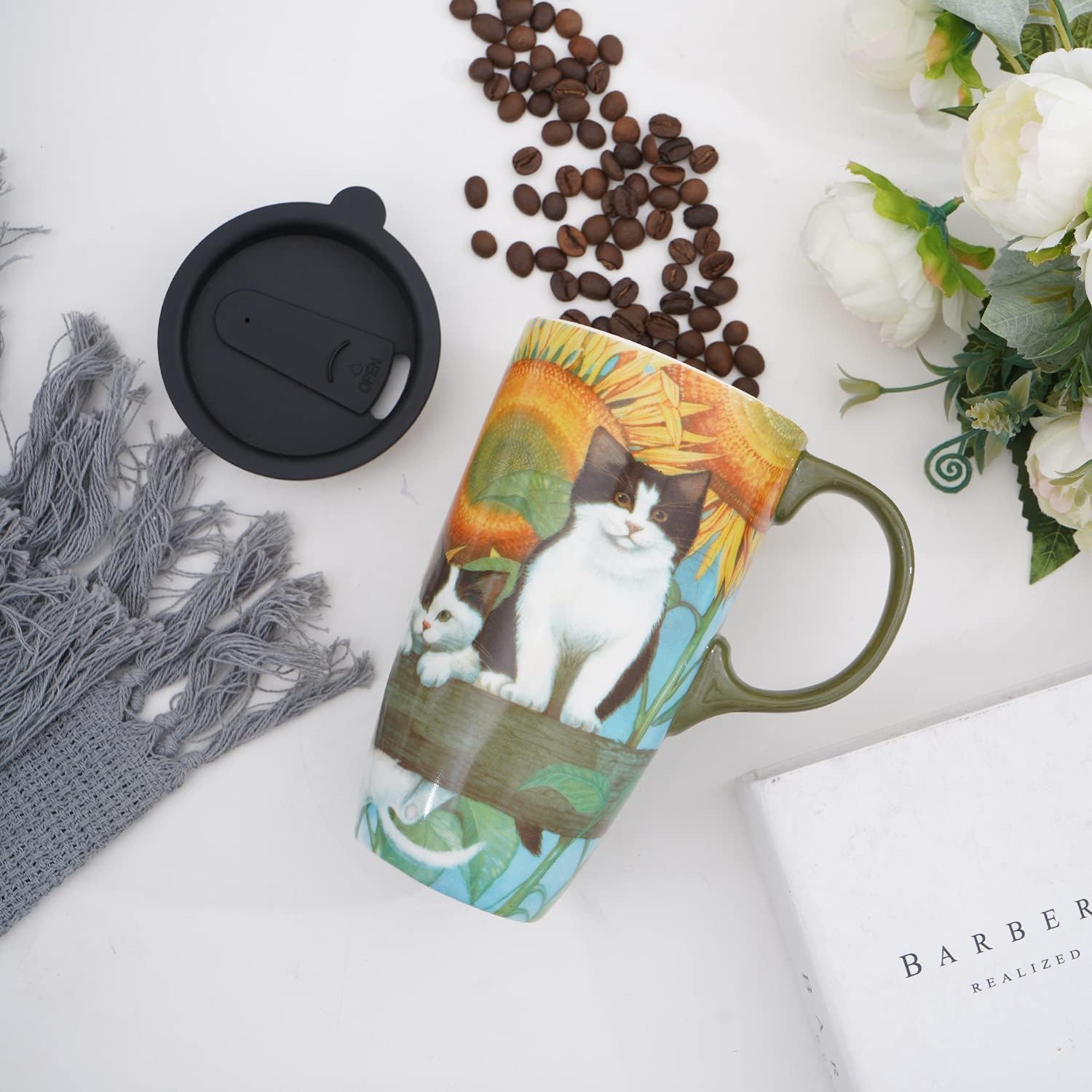 Topadorn Coffee Ceramic Mug 17oz Porcelain Latte Tea Cup With Lid, Perfect for Coffee and Tea, Holiday Gift Her Him, Cat - Image 3