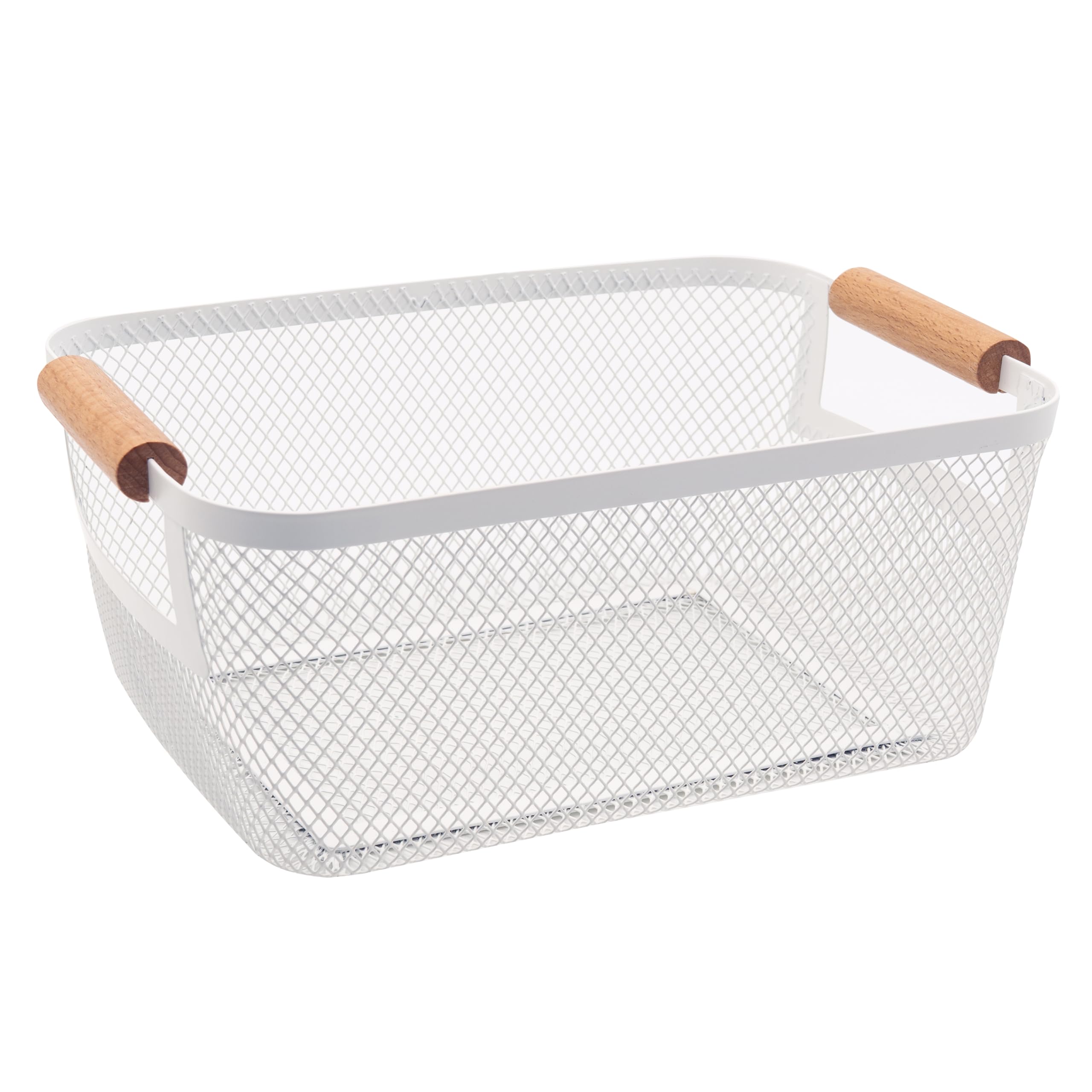 Oggi Large Mesh Portable Bathroom Basket Caddy with Bamboo Handles, Metal Storage Basket for Bathroom, Shower, Vanity, Pantry & Home Organization, White