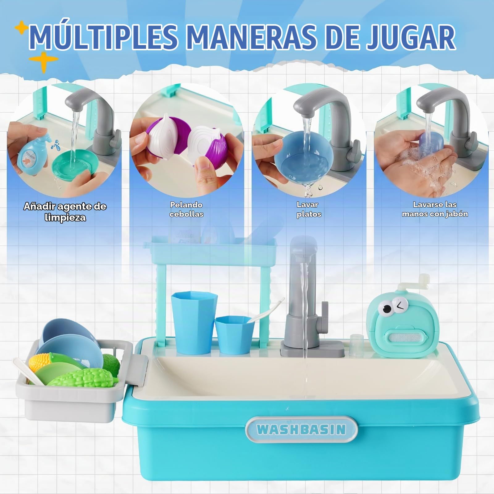 Fregadero Juguete con Agua, cozinha de brincar, máquina de Burbujas, Verduras de plástico extraíbles, Lavabo Infantil de 25 Piezas para niños y niñas (Azul)
