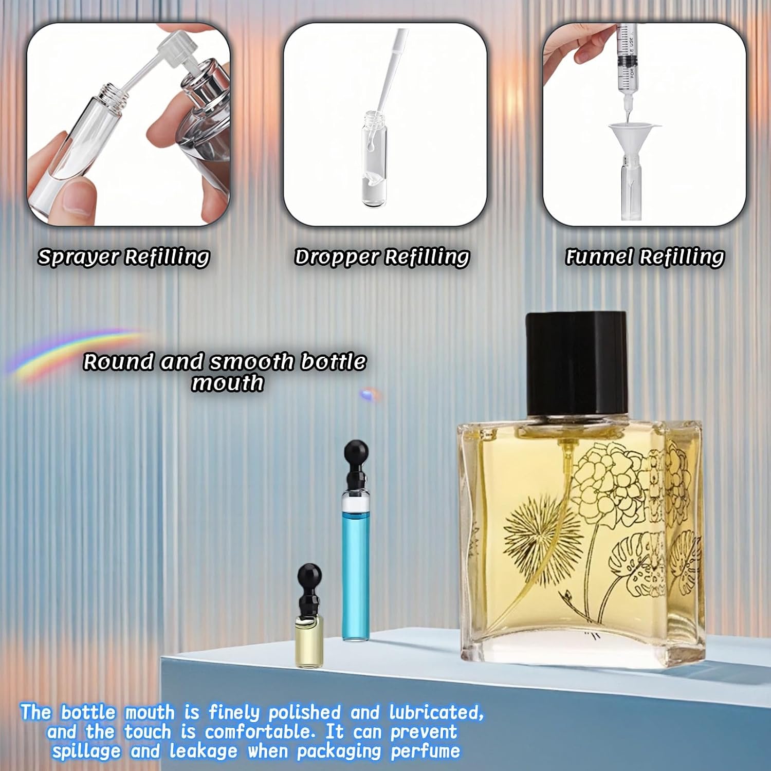 Empty Clear Glass Mini Bottles with Black Ball Stopper, Refillable Sample Vials for Perfume Essential Oil Travel Containers, 0.5ML 1ML 2ML 3ML, 4 Piece Set