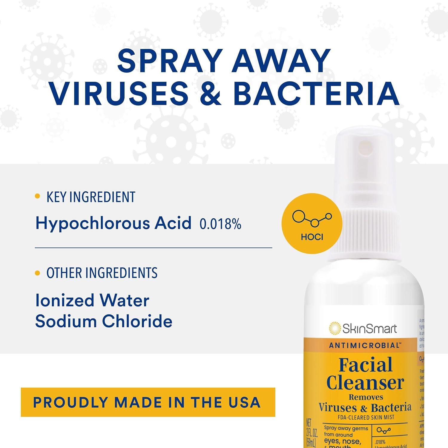 SkinSmart Antimicrobial Facial Cleanser Spray to Remove Viruses and Bacteria Around Eyes, Nose and Mouth, Fight Maskne, 2 oz Spray (3 Pack) Non-Irritating Hypochlorous Acid