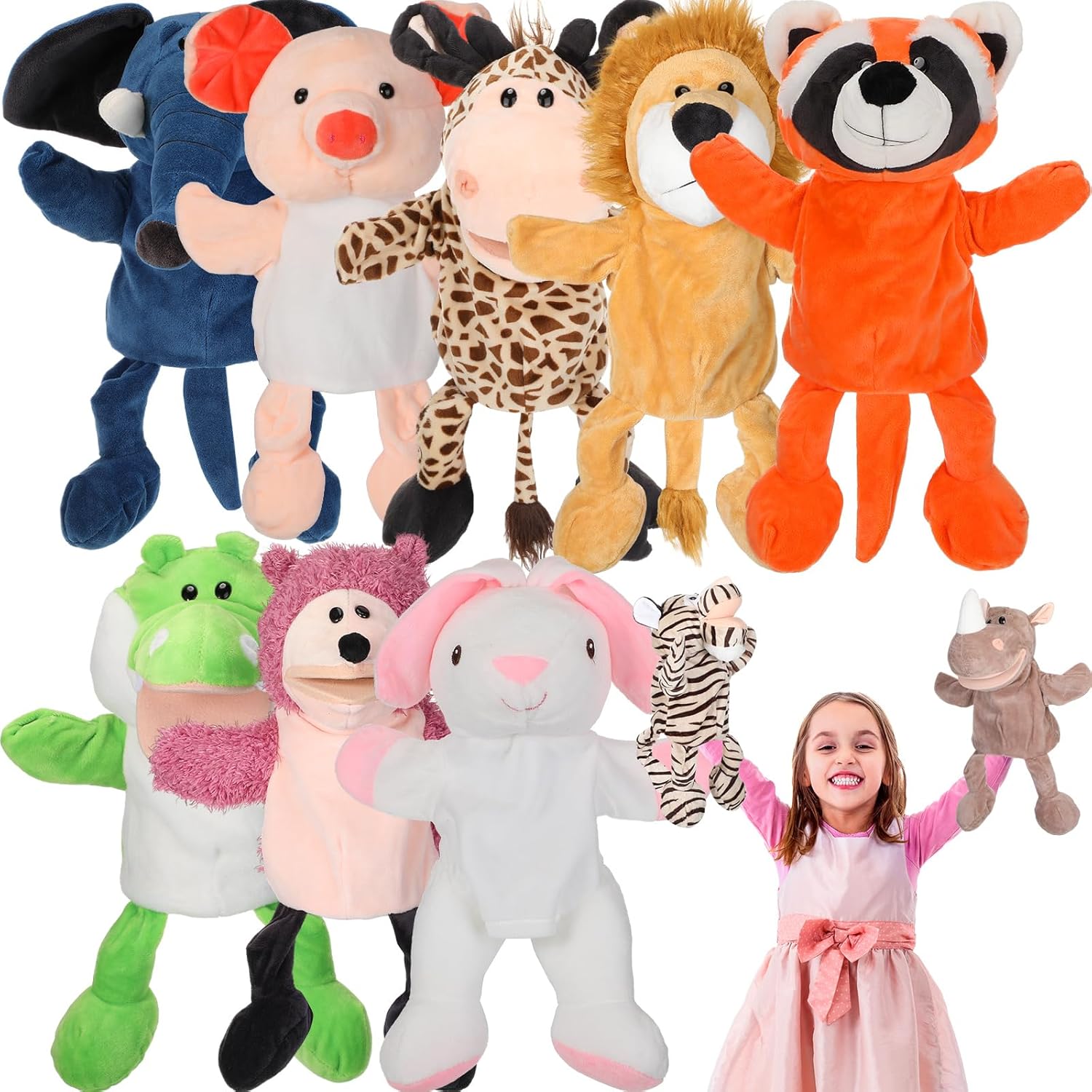Wettarn 10 Pcs Animal Hand Puppets 12 Inch Soft Plush Plush Lion Orangutan Giraffe Tiger Pig Elephant Hand Puppets for Boys and Girls Storytelling, Teaching, Role Playing(Cute Style)